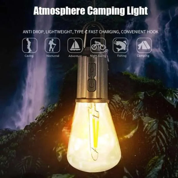 LED Light Outdoor Retro Hanging Light Bulb Type-C Charging Camping Tent Garland Garden Party Decoration Night Light with Hook