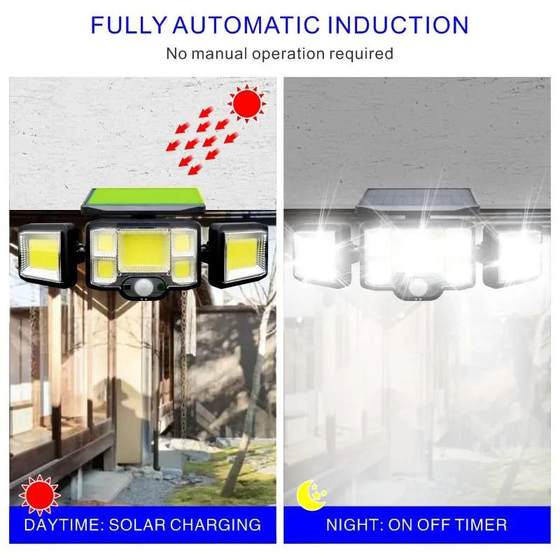 100W Outdoor/indoor LED Solar Lights 192 COB 3 Head Waterproof 3 Modes with Remote Control Wall Lamp Garden Light