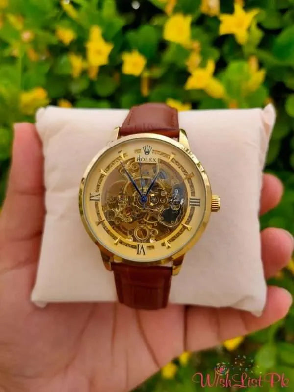 Automatic Watch Glass Transparent Mechanical Skeleton Auto Self Winding Genuine leather Watch