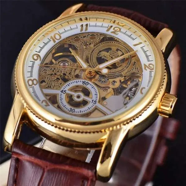 Automatic Watch Glass Transparent Mechanical Skeleton Auto Self Winding Genuine leather Watch