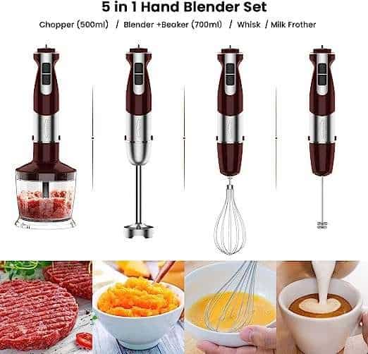 5-In-1 Immersion Hand Blender, healthomse Powerful 800W 12-Speed Stainless Steel Stick Blender with Milk Frother, Egg Whisk, 4-Blades 500ml Chopper and 700ml Beaker with Lid, Detachable